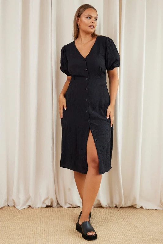 Limited Time Offer Black Midi Dress V-neck Puff Sleeve