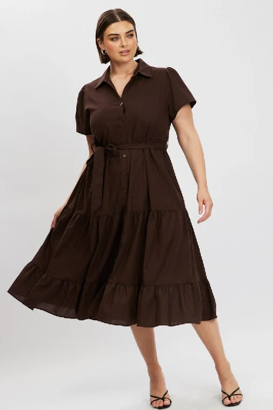 Final Sale Brown Midi Dress Short Sleeve Shirt