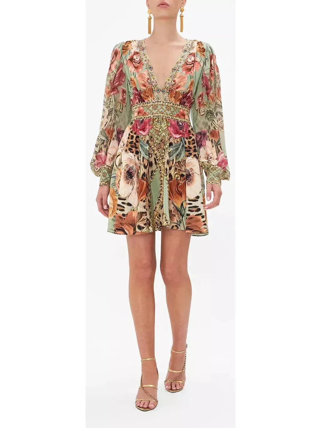 Chic & Cozy Collection Floral Leopard Short Dress with Blouson Sleeves