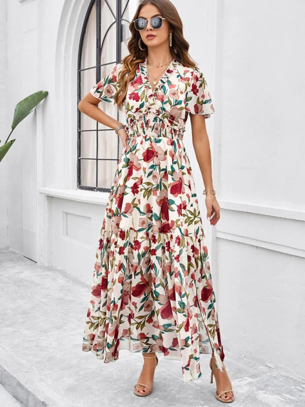 Trend Alert Women's Floral Print Flowy Floor Length Dress With V-Neck And Short Sleeves