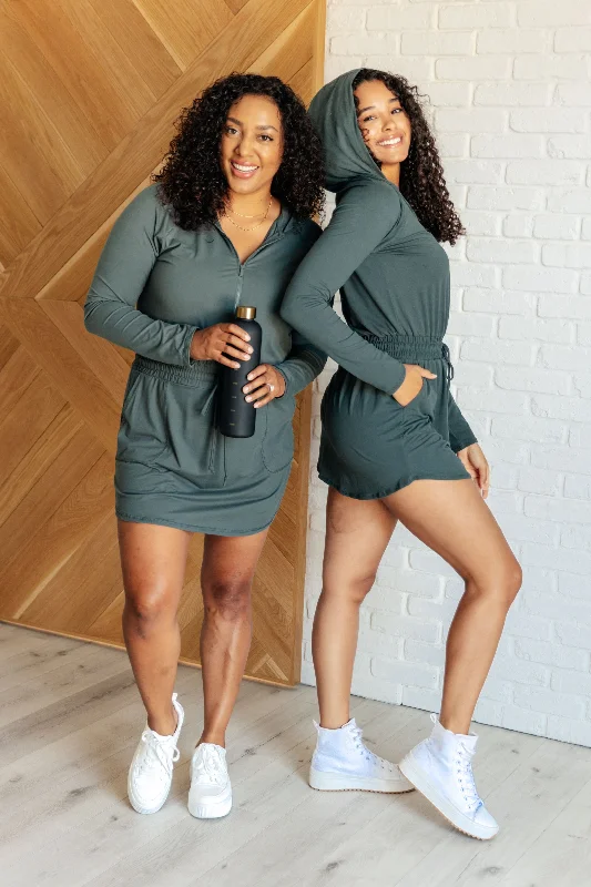 Exclusive Discount Getting Out Long Sleeve Hoodie Romper in Smoked Spruce