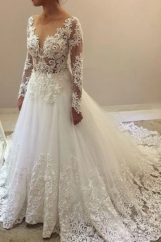 Comfort Centric Apparel Elegant Beading Lace Long Sleeve Sheer Neck Ball Gown Wedding Dresses N1796