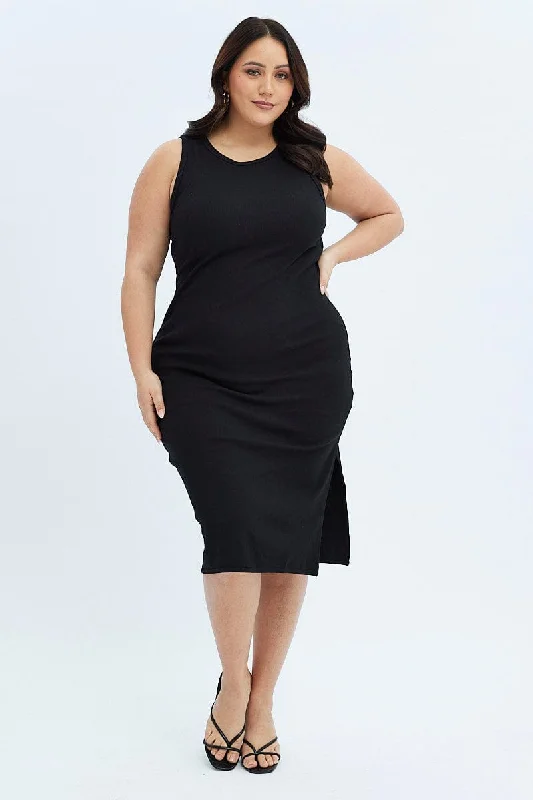 Gorgeous Glamour Collection Black Midi Dress Rib Jersey Fitted Sleeveless