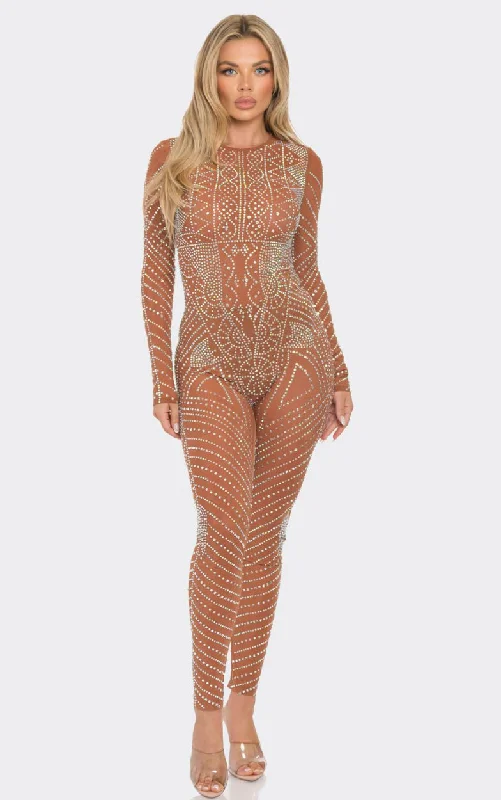 Women's Urban Fashion Stunning Rhinestone Sheer Mesh Long Sleeve Jumpsuit