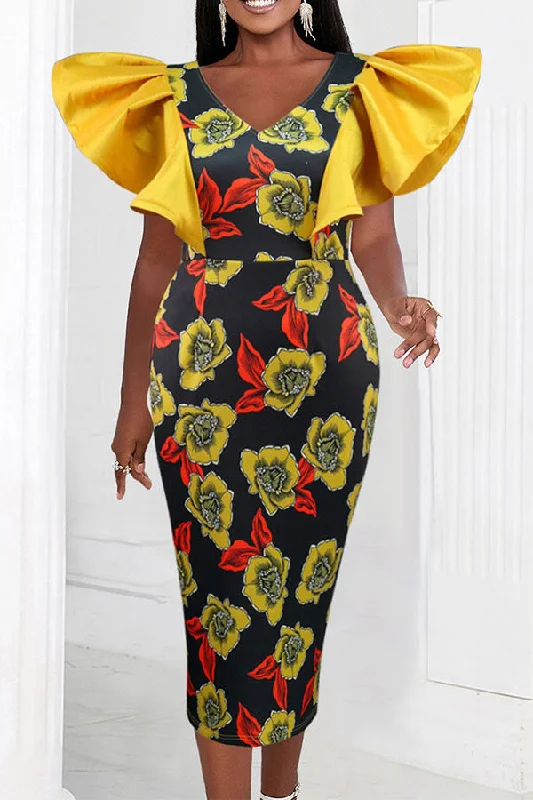 Fashion Forward Floral Print Dramatic Cape Sleeve Midi Dress