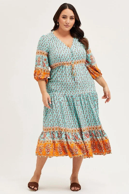 Versatile Wardrobe Essentials Boho Print Maxi Dress V-neck Long Sleeve