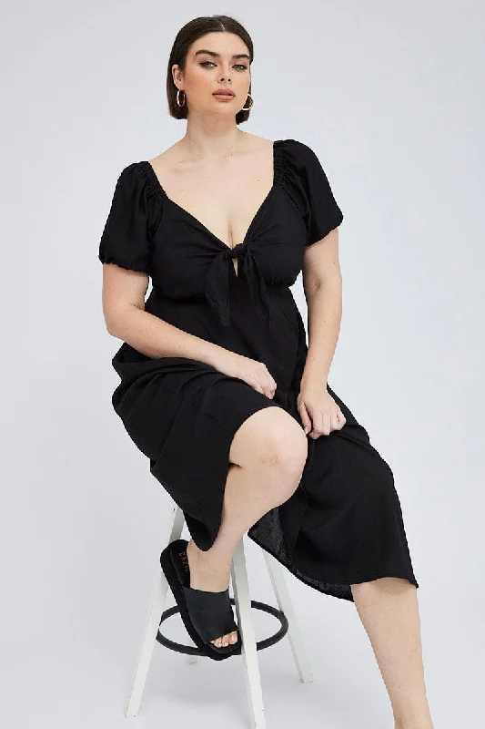 Chic And Edgy Black Midi Dress Tie Front Puff Sleeve