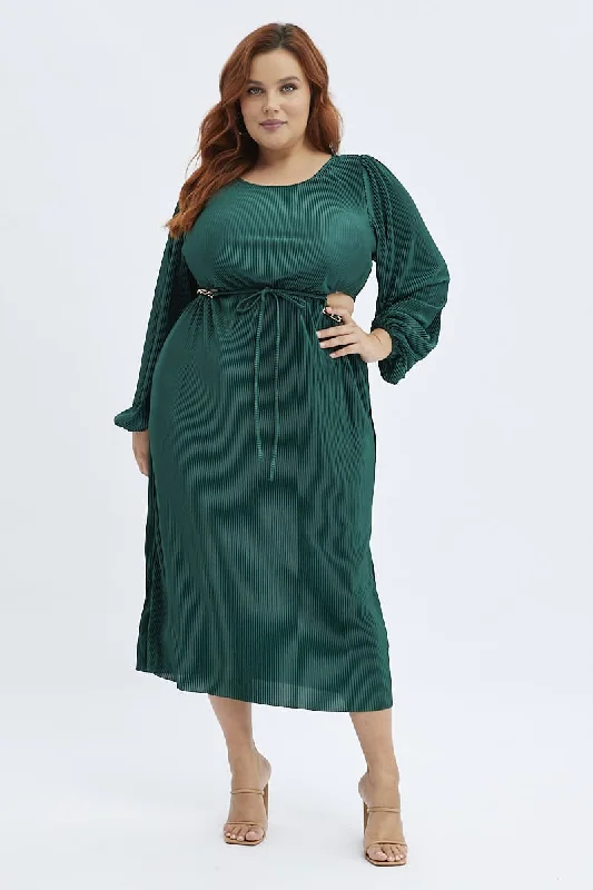 Limited Time Flash Sale Green Midi Dress Long Sleeve Cut Out Plisse