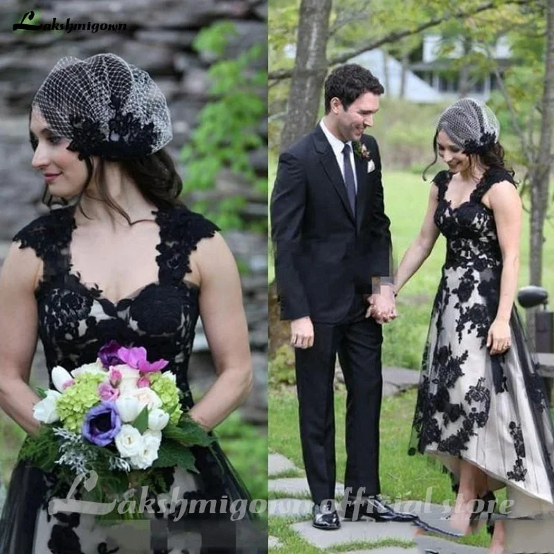 Get The Latest Trends Roycebridal Country Lace Hi-lo Wedding Dresses Sexy Gothic Black Long Garden Bridal Gowns A-line Boho Vintage Wedding Gowns