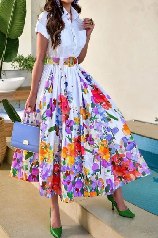 Crazy Price Slashing Floral Print Feminine Shirt Collar Midi Dress