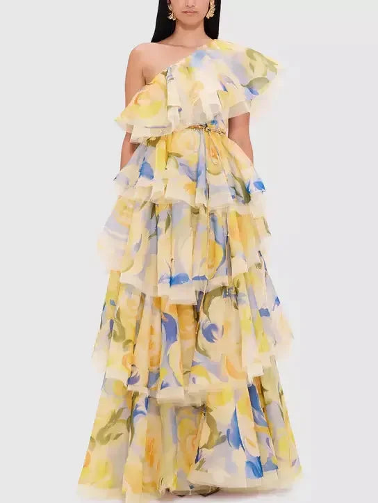 Special Offer For You One-Shoulder Floral-Print Tiered Layered Tulle Dress