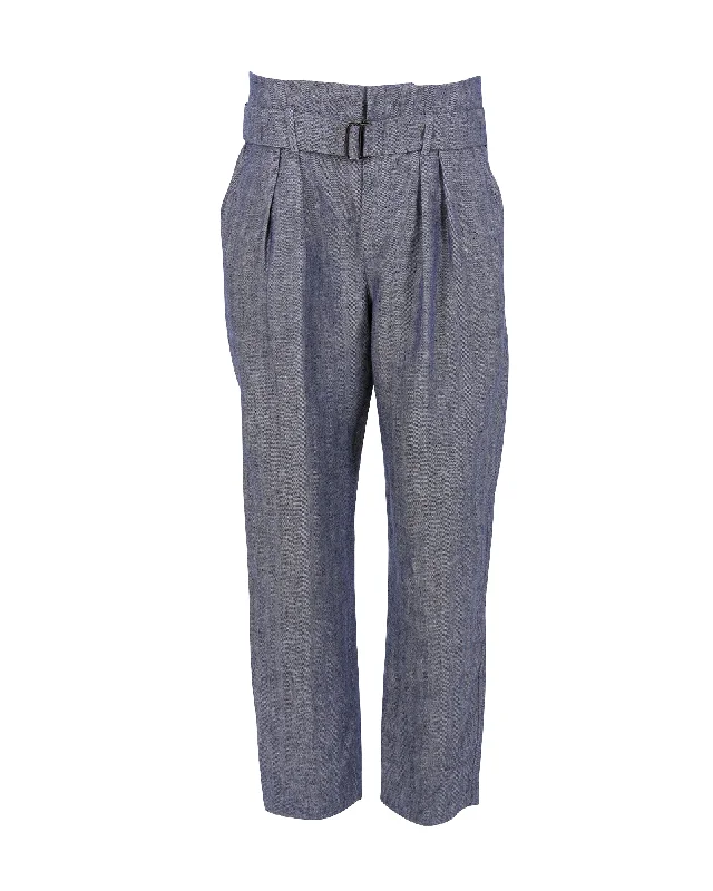 Summer Deals Brunello Cucinelli Belted Pleated Trousers in Blue and White Hemp Linen