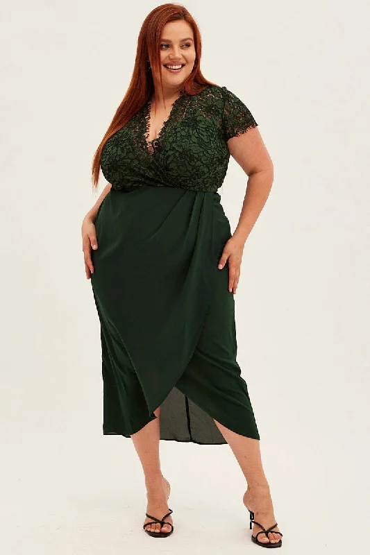 Chic Style Green Midi Dress Short Sleeve Lace Top