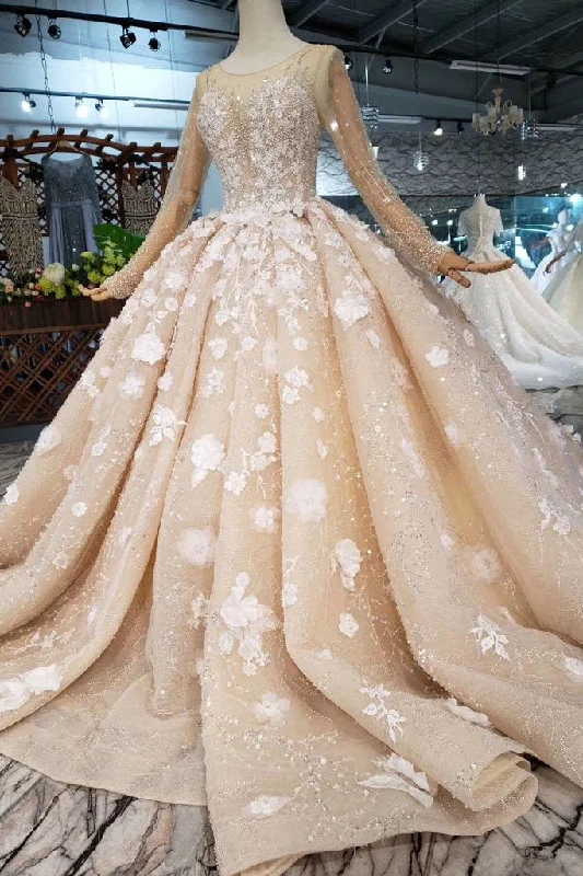 Stylish Women's Apparel Princess Long Sleeves Ball Gown Wedding Dresses Puffy Wedding Gown with Beads N1630