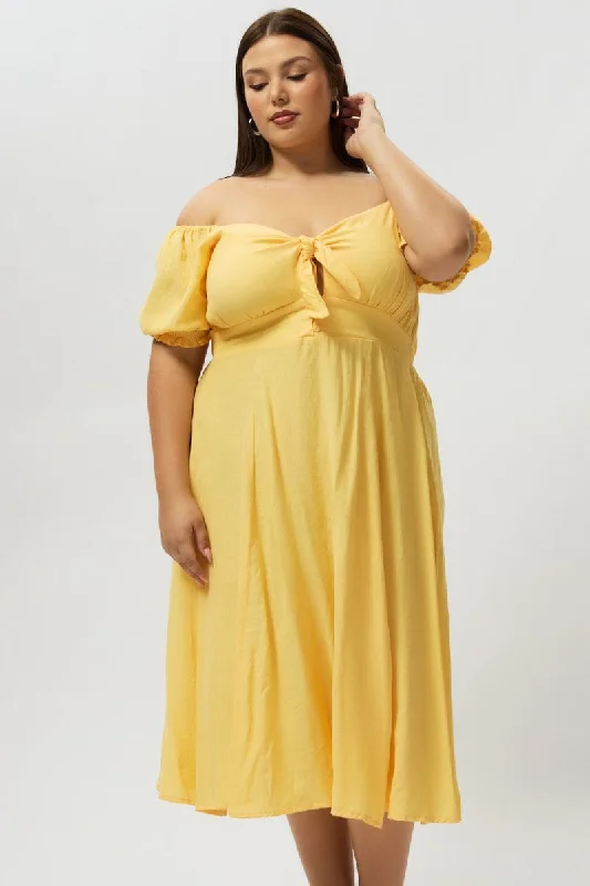 Buy More, Save More Yellow Midi Dress Short Sleeve Tie Front