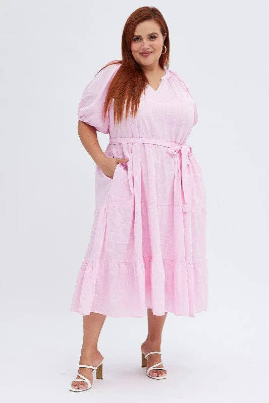 Timeless Elegance Pink Midi Dress Tiered Notch Collar Belted