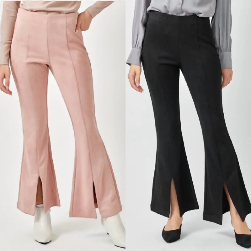 Style Breakthroughs Suede Flare Front Slit Pants In Pink