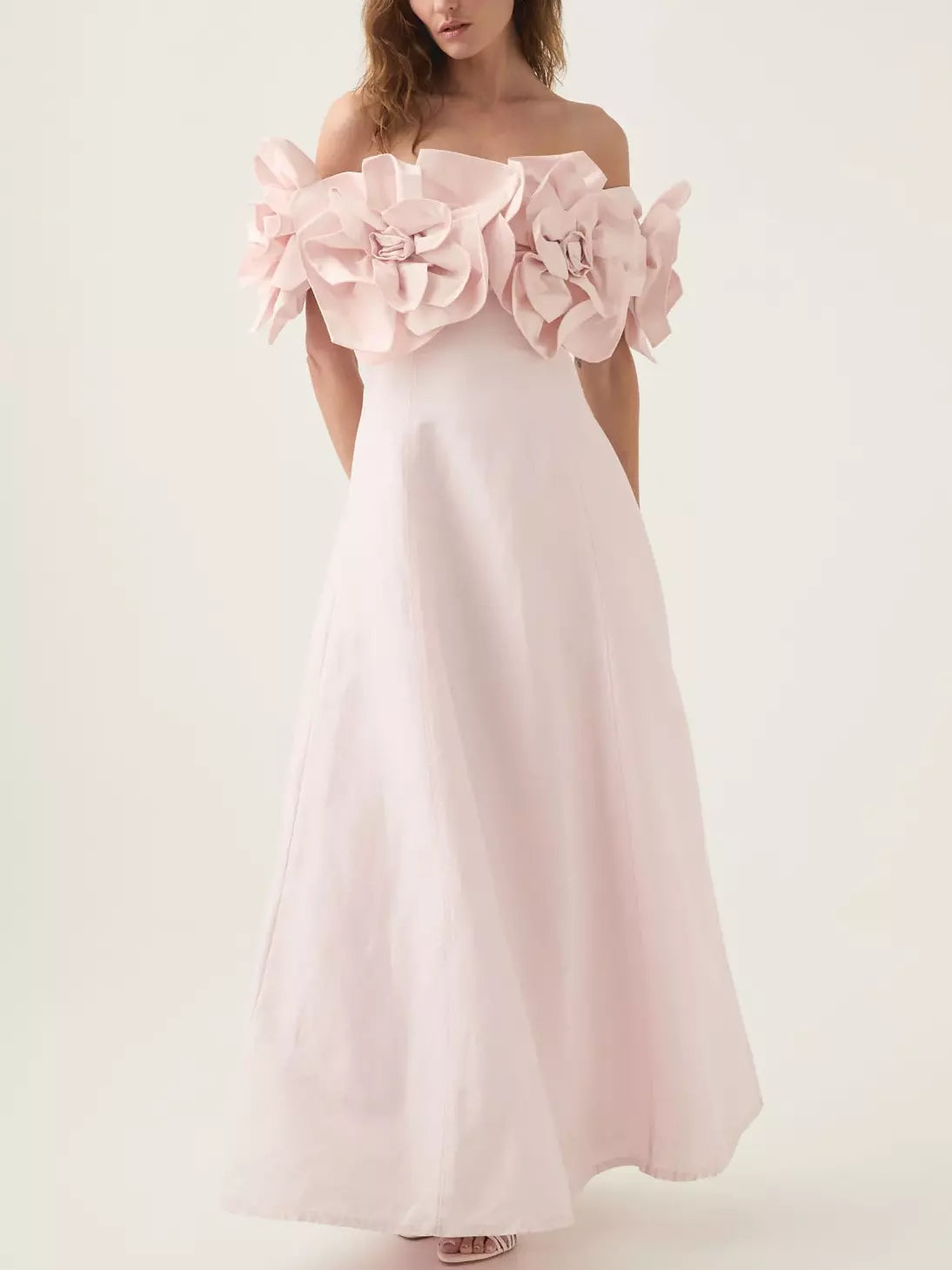 Huge Markdowns 3D Floral-Appliques Off-Shoulder Gown in Light Pink