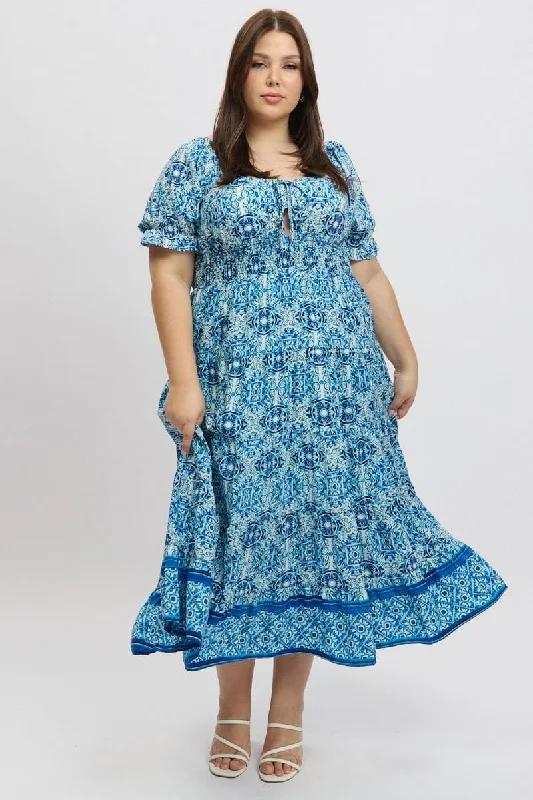 Trendy Pulse Blue Boho Maxi Dress Short Sleeve