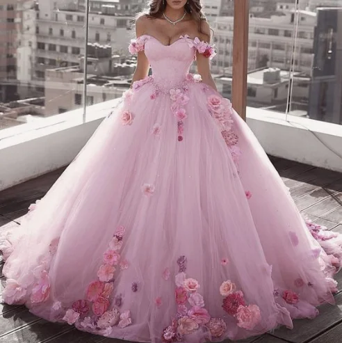 Trend Setting Threads Blush Pink Tulle Off Shoulder Ball Gown Wedding Dresses Floral Flowers Beaded prom gown cg3003