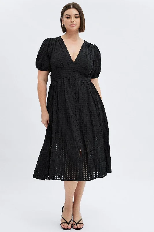 Fashion Essentials Black Midi Dress Short Puff Sleeve