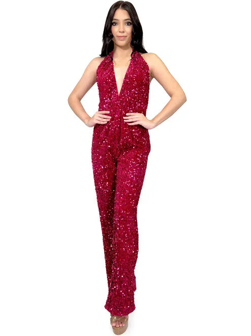 Clothing Sales Marc Defang 8049 Size 8 Fuchsia Jumpsuit Fun Fashion Velvet Sequin Halter Pageant Wear