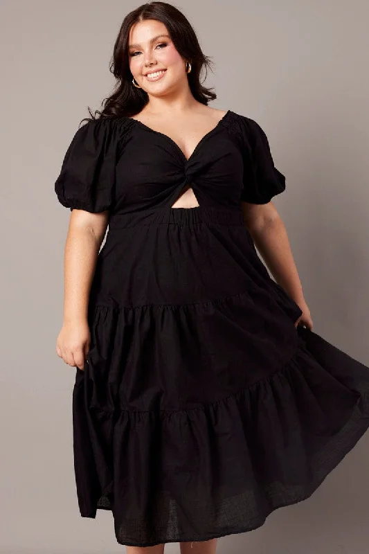 Trend Alert Black Maxi Dress Short Sleeve Tiered Twist Front