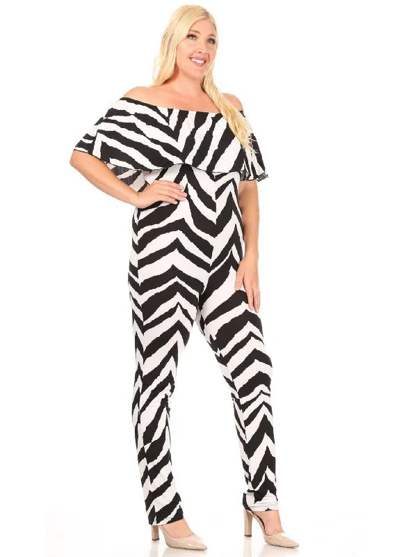 Style Upgrade Hi Curvy  Plus Size Women Animal print off shoulder jumpsuit Ruffle detail