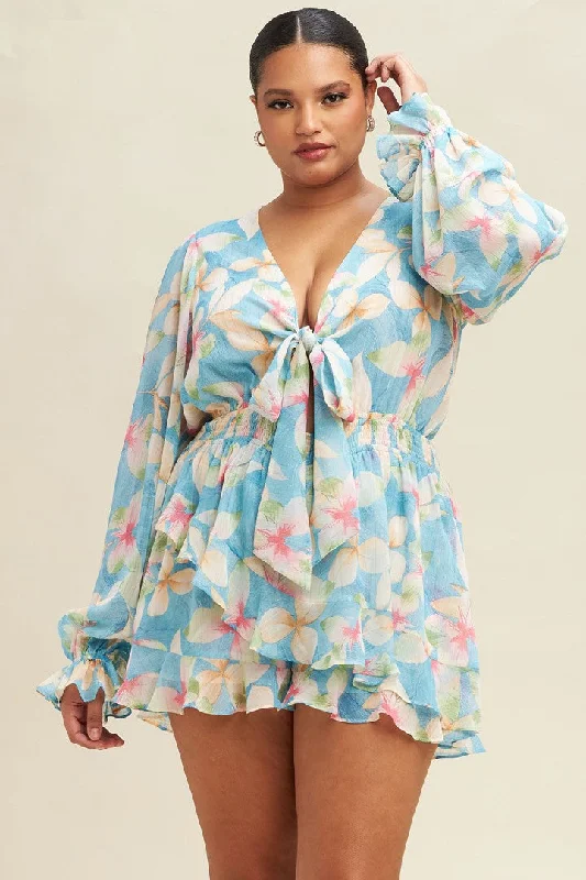 Runway Inspired Wear 26 RP {Blooming Elegance} Blue Floral Romper PLUS SIZE XL 1X 2X (True To Size)