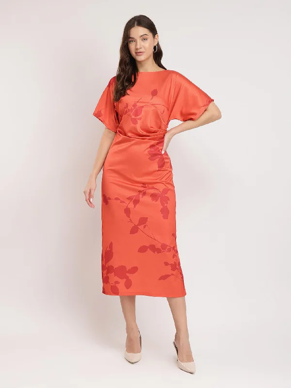 Seasonal Trends Satin Floral Print Kimono Dress - Orange