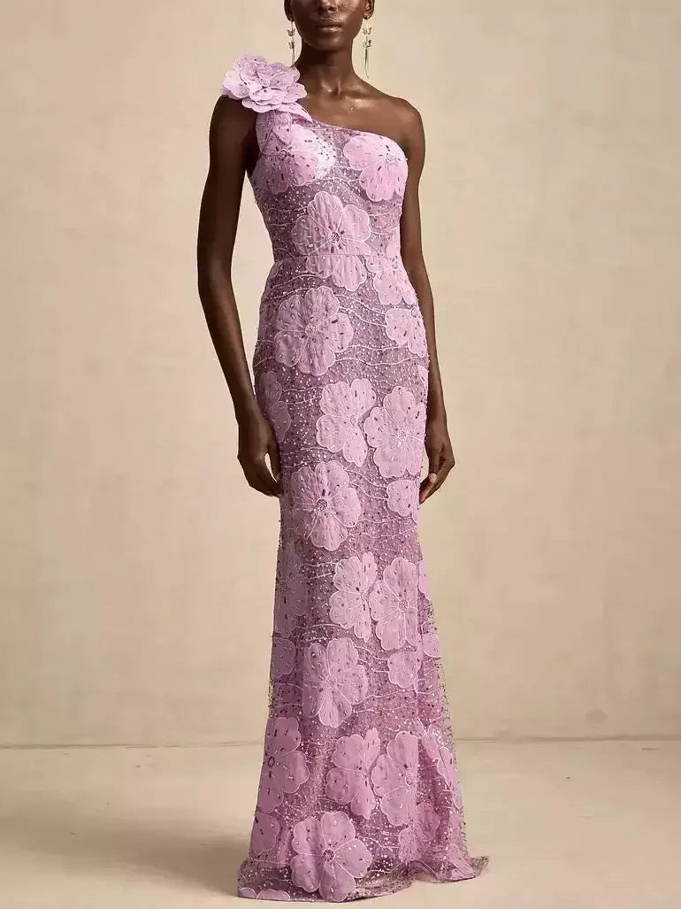 Explore What's New Floral Applique One-Shoulder Embellished Gown