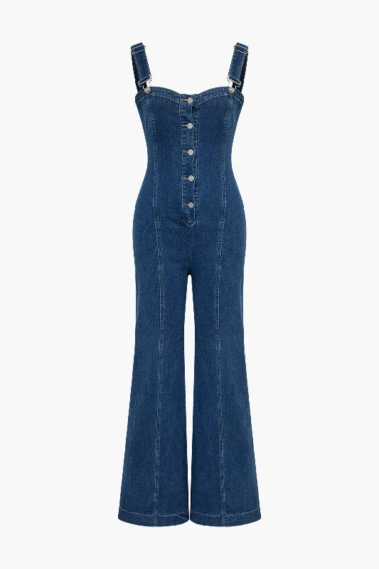 Clothes Of Woman Denim Button Pocket Wide Leg Jumpsuit