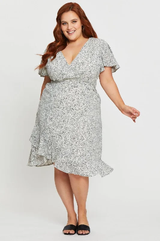 Quality Wear Geo Print Midi Dress V-neck Short Sleeve