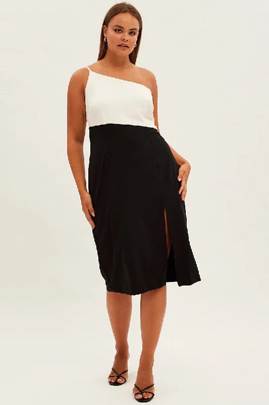 Effortless Style, Endless Impact Black Midi Dress Asymmetrical Color Block