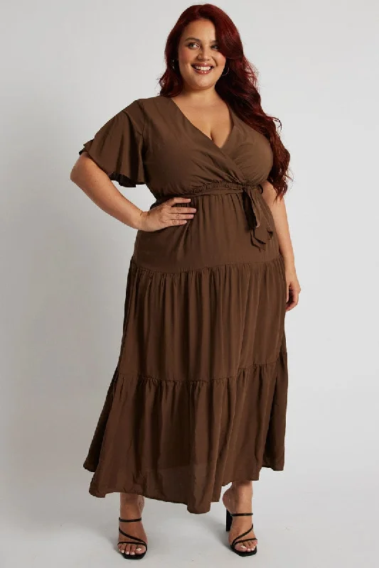 Exclusive Sale Brown Wrapover Flare Sleeve Tiered Midi Dress