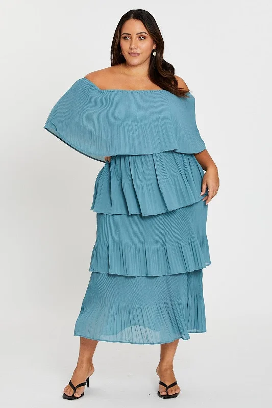 Flash Sale Event Blue Off Shoulder Pleated Midi Dress