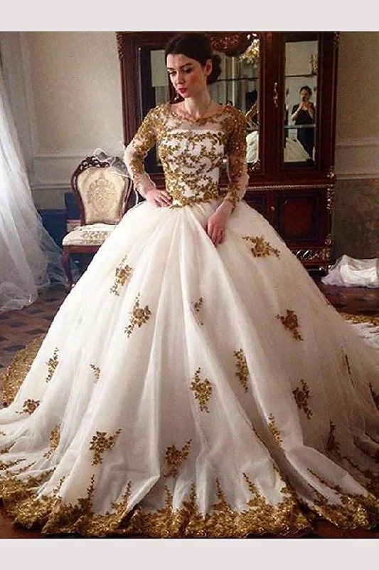 Outfits For Women Ball Gown Ivory Long Sleeves Tulle Wedding Dresses with Gold Appliques