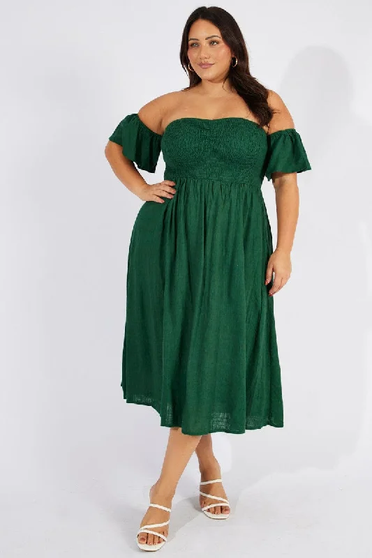 Versatile Outfits Green Off Shoulder Flutter Sleeve Midi Dress