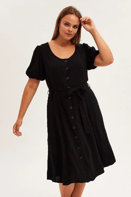 Trendy Women's Wear Black Short Sleeve Button Through Linen Blend Midi Dress