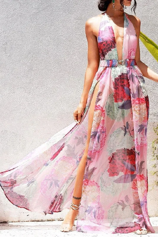 Chic Trends Unveiled Floral Print Romantic High Split Backless Maxi Dress