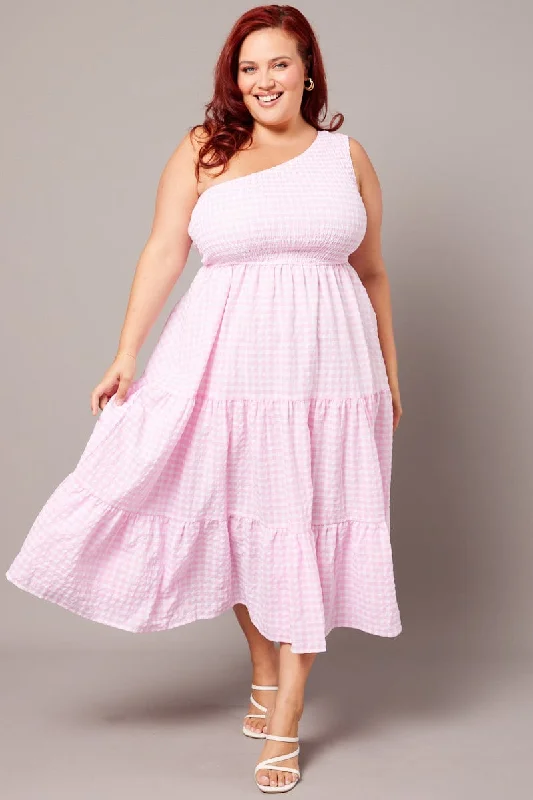 Save Big Pink Check Midi Dress One Shoulder