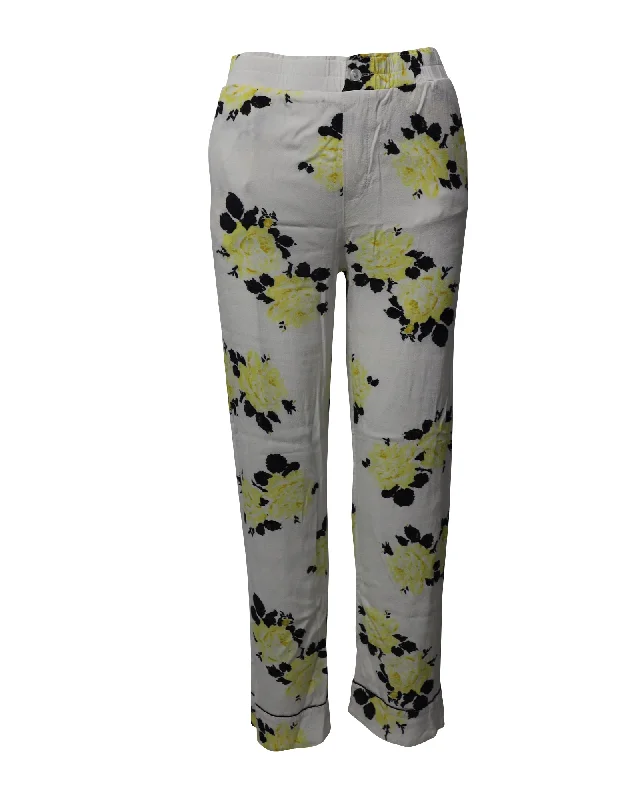 Special Offers Ganni Floral Print Elastic Waist Trousers in White Viscose