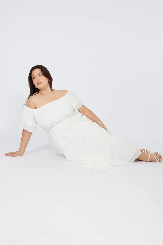 Fashion Sale White Off Shoulder Layer Midi Dress