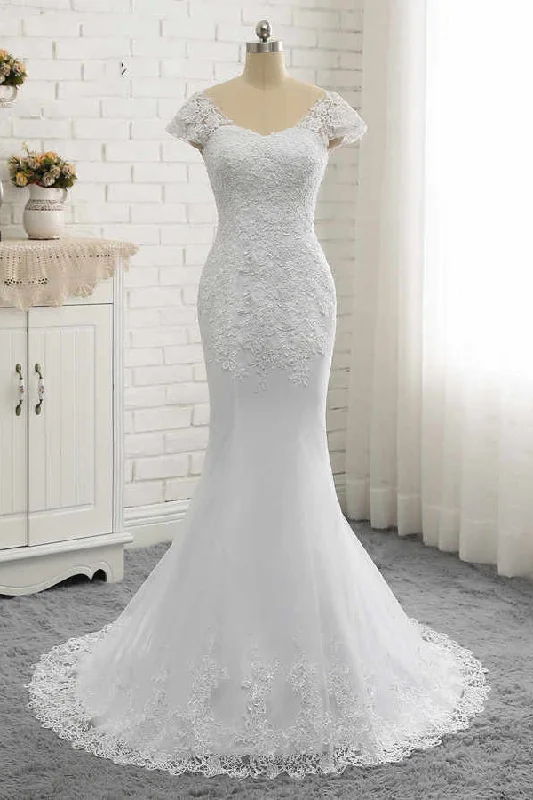 Eclectic Fashion White Lace Appliques Wedding Dresses with Short Sleeves Long Tulle Bridal Dresses with Lace N1569