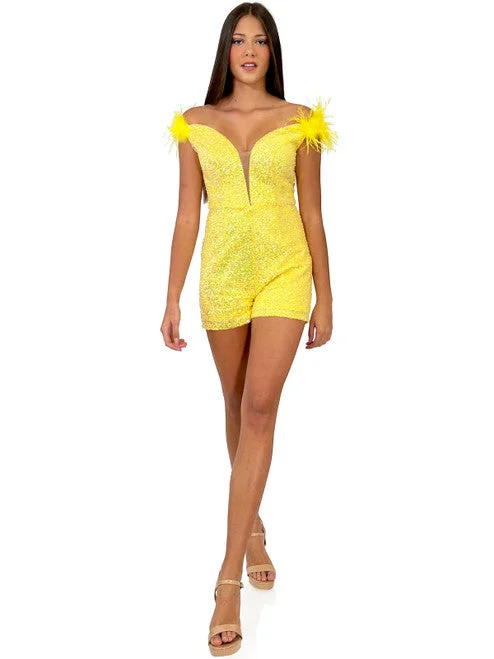 Online Boutiques Best Marc Defang 8252 Size 4 Yellow Short Sequin Pageant Romper off the shoulder feather v neck fun fashion