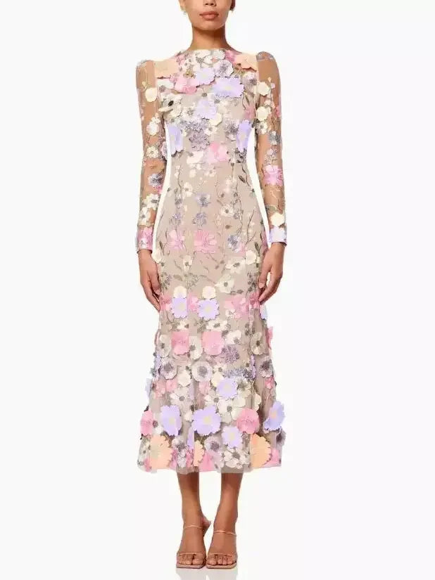 Flash Sale Starts 3D Multicolor Floral Appliques Mesh-Overlay Midi Dress