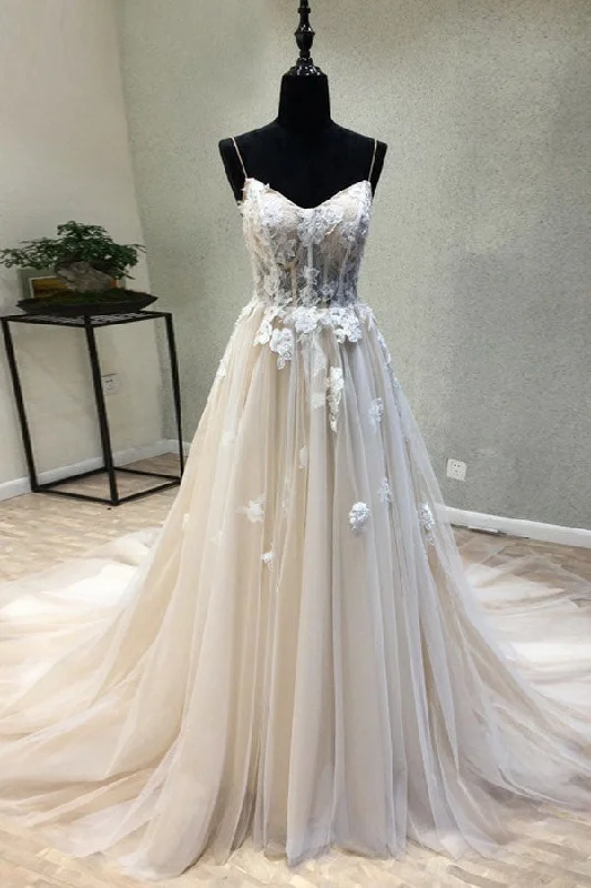 Luxury Fashion A Line Spaghetti Strap Simple Wedding Dresses with Appliques Boho Beach Wedding Dresses N1639