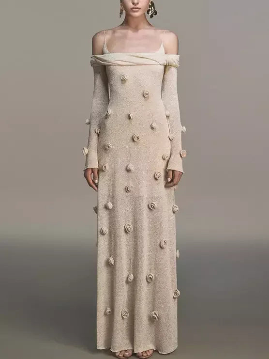 Gift Ideas 3D Beige Floral Applique Off-Shoulder Gown