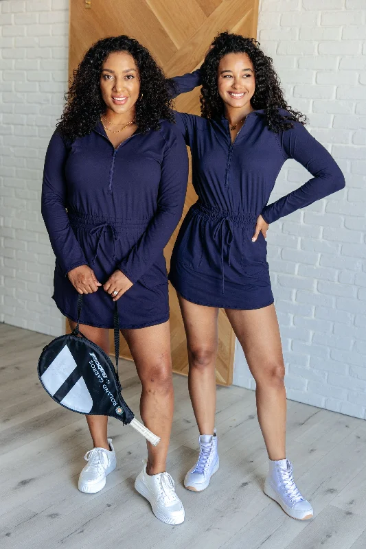 Limited Time Deal Getting Out Long Sleeve Hoodie Romper in Navy