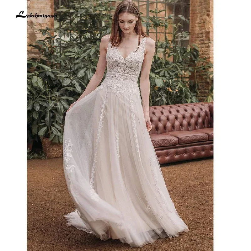 Summer Sale Roycebridal Deep V Neck Sleeveless Backless Lace Tulle Wedding Dresses